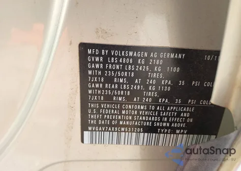 2012 Volkswagen Tiguan Se из США, поврежденный, VIN WVGAV7AX9CW531205